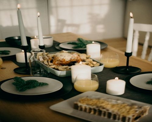 calm family dinner setting on a wooden table
